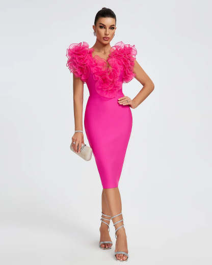 hot pink V-Neck backless Ruffle Trim Party Valentine Bandage Midi Dress | Mix Mix Style