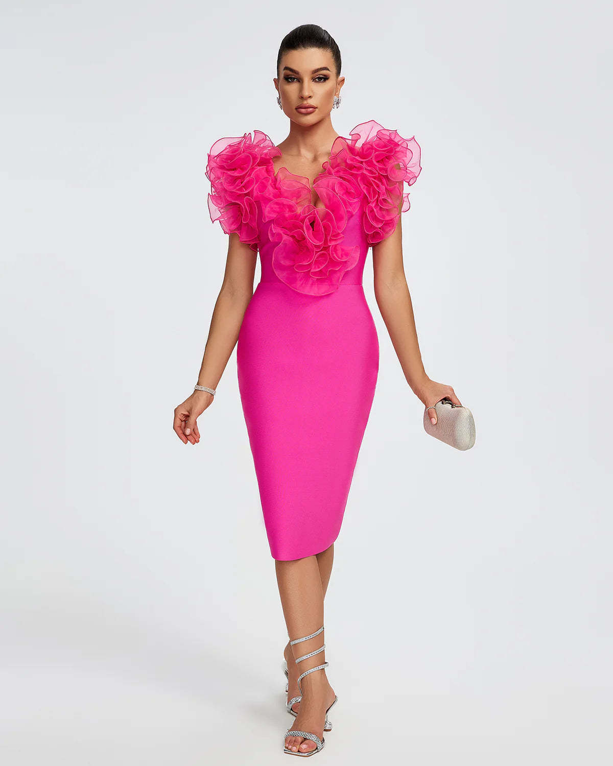 hot pink V-Neck backless Ruffle Trim Party Valentine Bandage Midi Dress | Mix Mix Style
