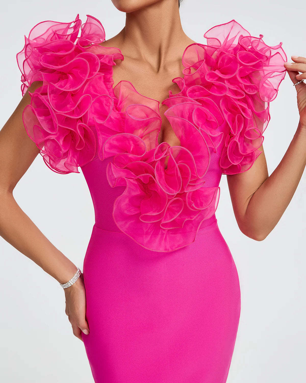 hot pink V-Neck backless Ruffle Trim Party Valentine Bandage Midi Dress | Mix Mix Style