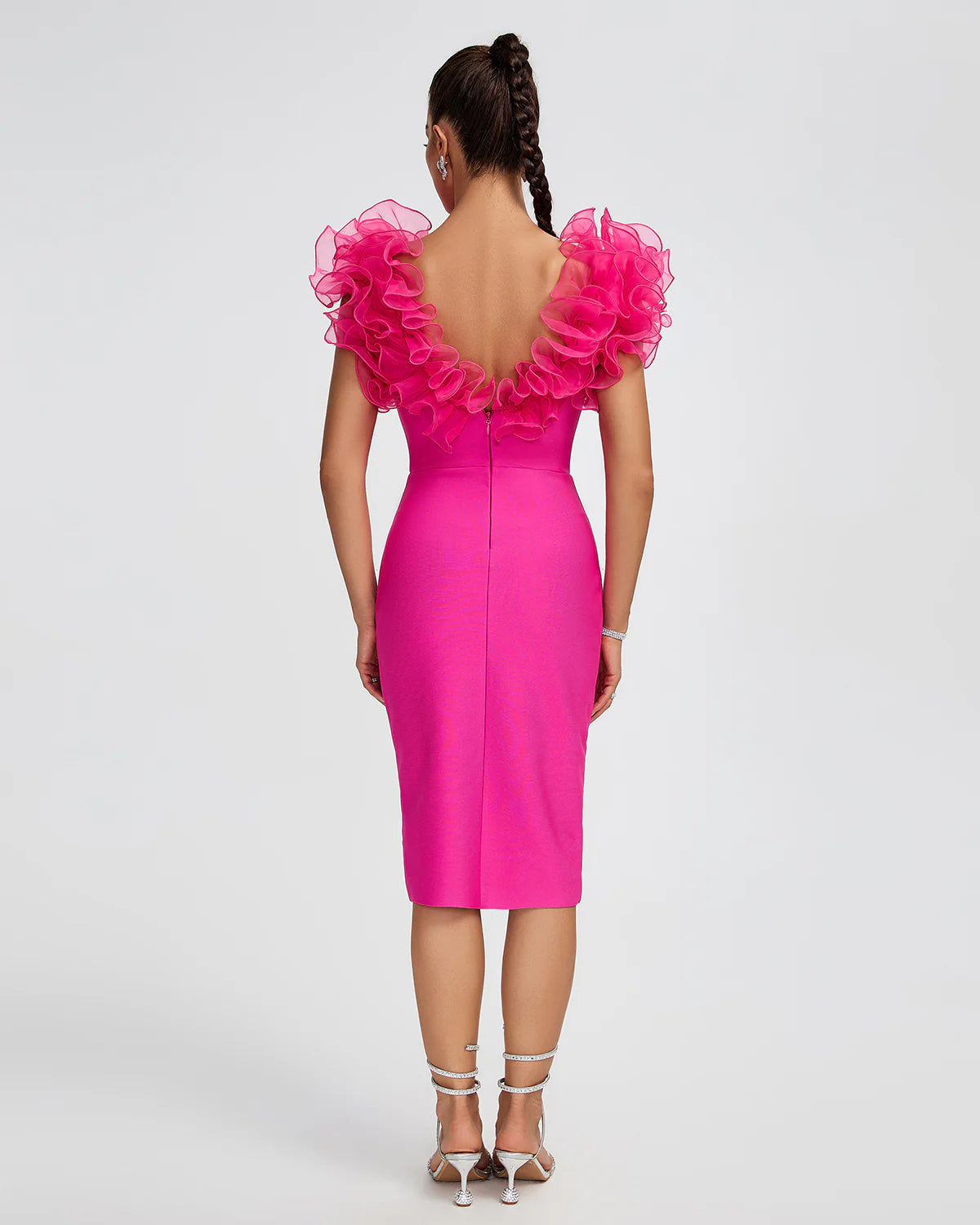 hot pink V-Neck backless Ruffle Trim Party Valentine Bandage Midi Dress | Mix Mix Style