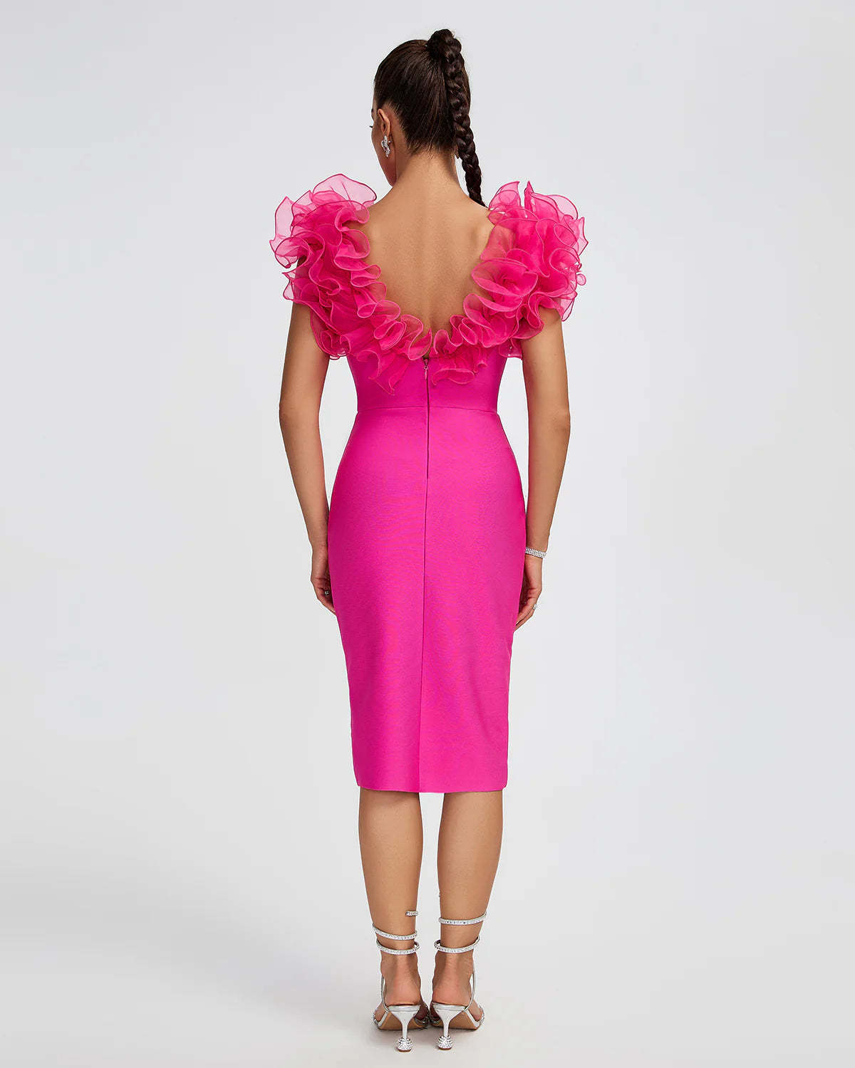hot pink V-Neck backless Ruffle Trim Party Valentine Bandage Midi Dress | Mix Mix Style