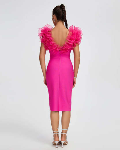 hot pink V-Neck backless Ruffle Trim Party Valentine Bandage Midi Dress | Mix Mix Style