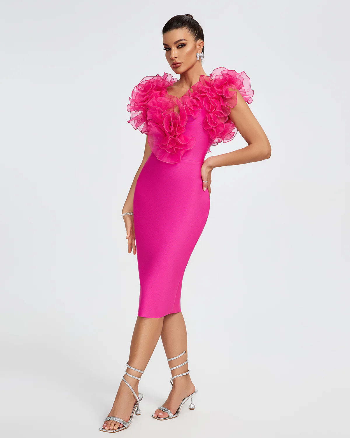 hot pink V-Neck backless Ruffle Trim Party Valentine Bandage Midi Dress | Mix Mix Style