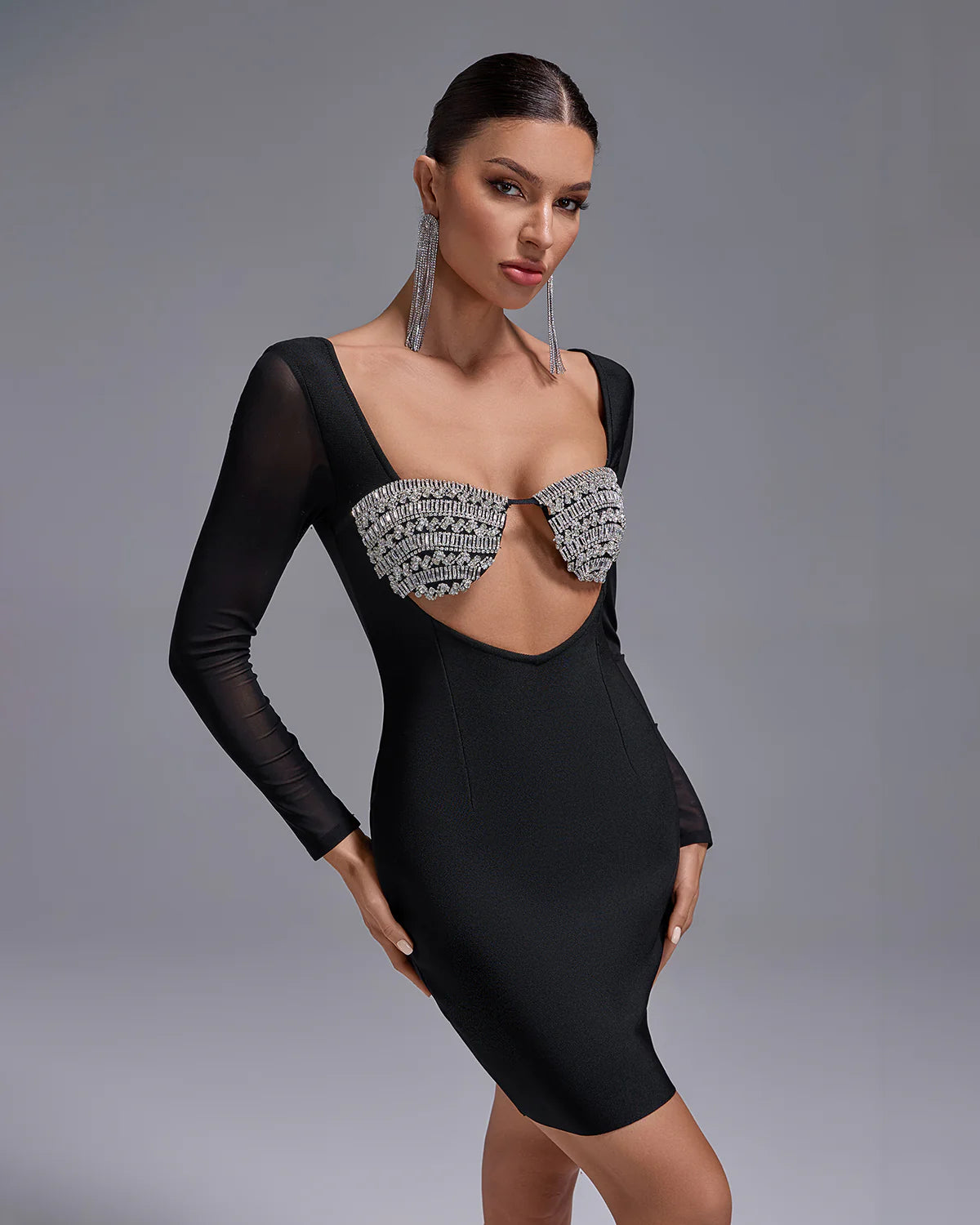 black long Mesh Sleeves cutout Crystal Bustier Bandage cocktail evening mini Dress | Mix Mix Style