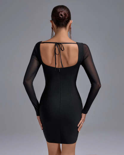 black long Mesh Sleeves cutout Crystal Bustier Bandage cocktail evening mini Dress | Mix Mix Style