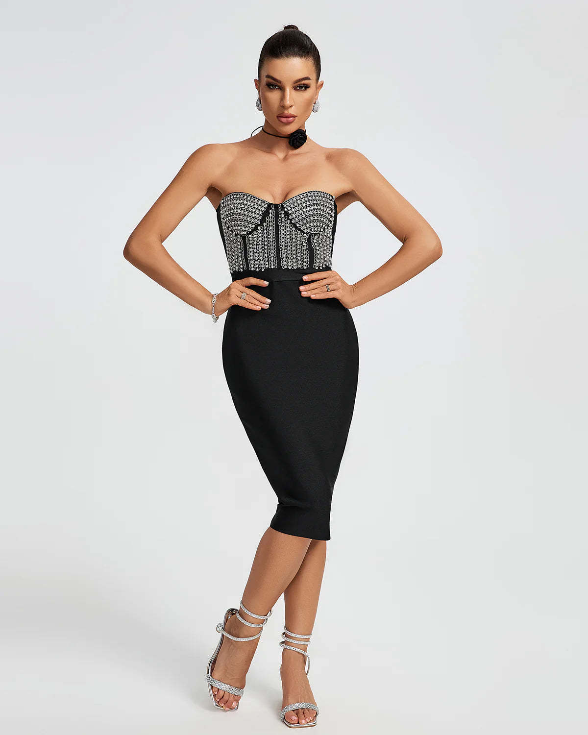 Black Strapless Corset Diamonate Bandage Bustier Cocktail Evening Midi Dress | Mix Mix Style