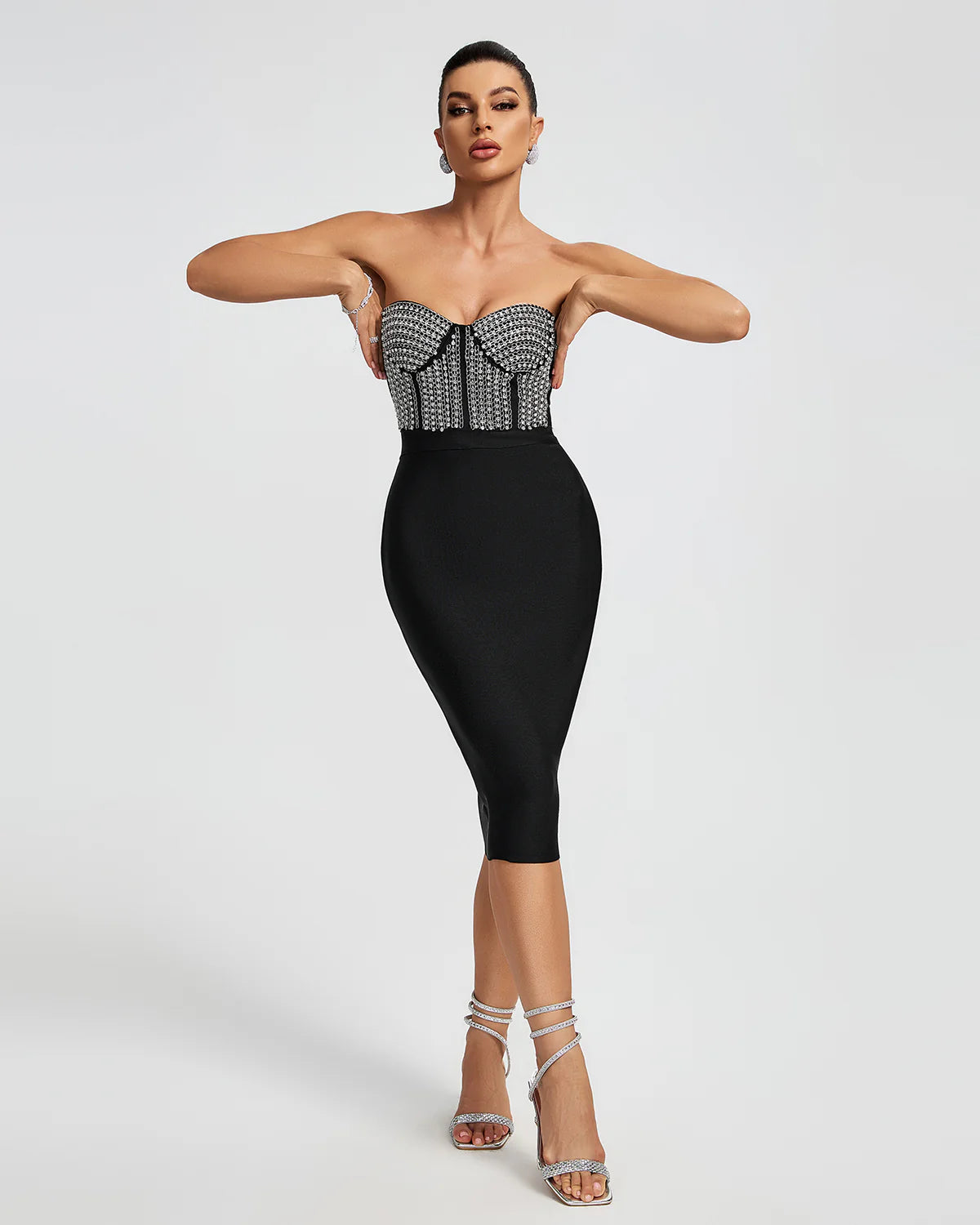 Black Strapless Corset Diamonate Bandage Bustier Cocktail Evening Midi Dress | Mix Mix Style
