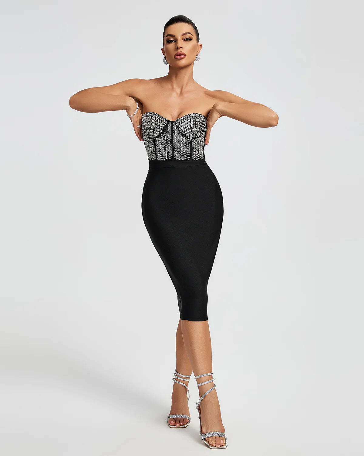 Black Strapless Corset Diamonate Bandage Bustier Cocktail Evening Midi Dress | Mix Mix Style