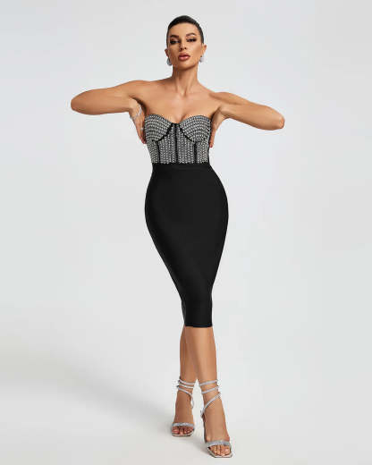 Black Strapless Corset Diamonate Bandage Bustier Cocktail Evening Midi Dress | Mix Mix Style