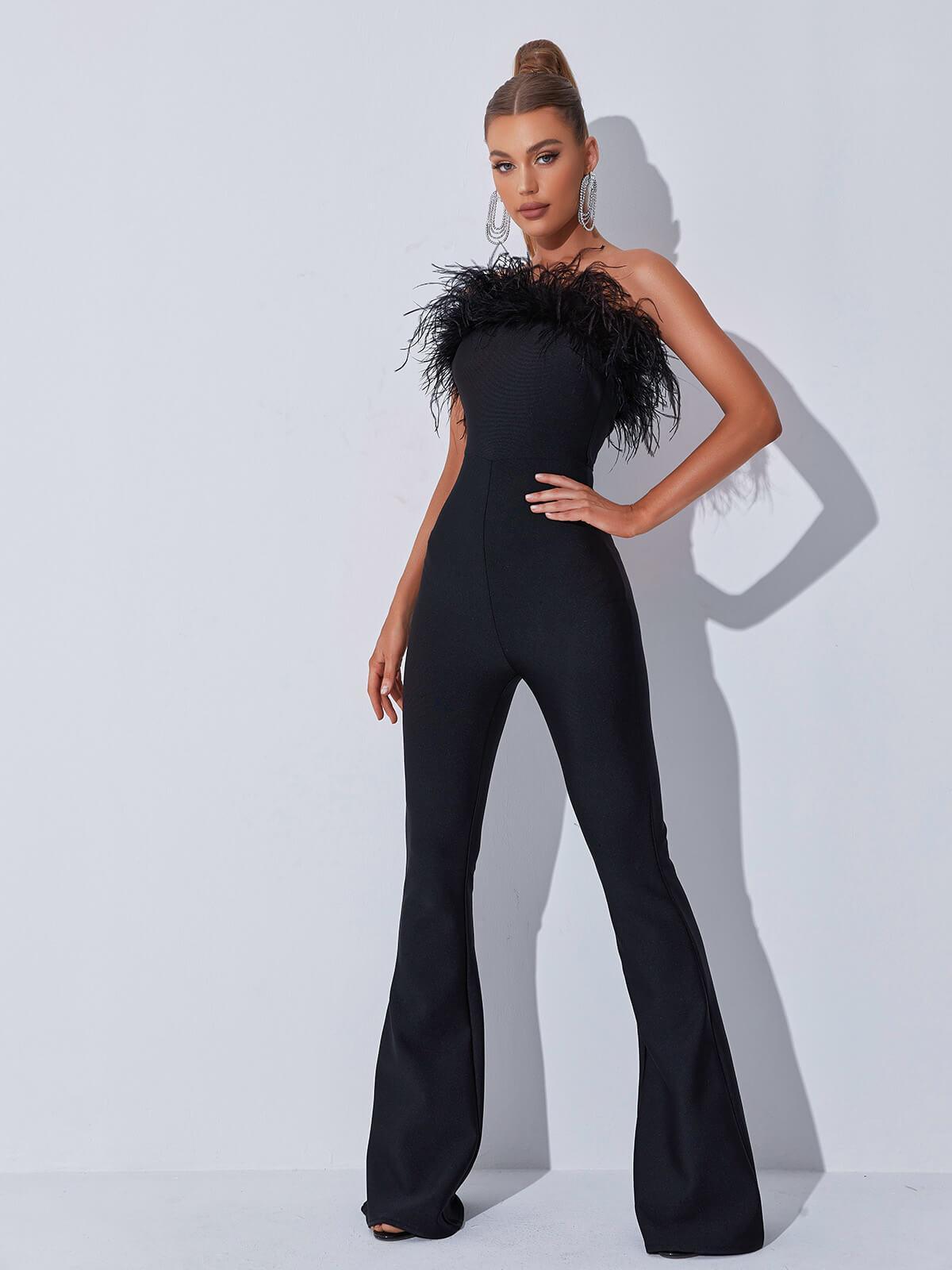 Padma Bandeau Feather Bandage Jumpsuit In Black-Mix MIx Style