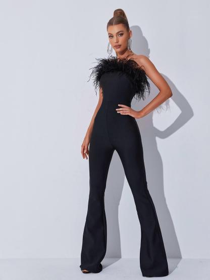 Padma Bandeau Feather Bandage Jumpsuit In Black-Mix MIx Style