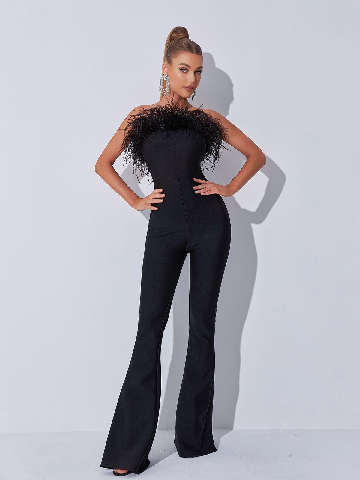 Padma Bandeau Feather Bandage Jumpsuit In Black-Mix MIx Style