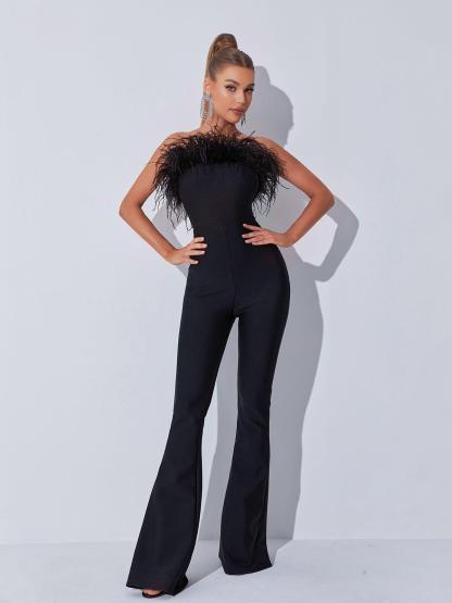 Padma Bandeau Feather Bandage Jumpsuit In Black-Mix MIx Style