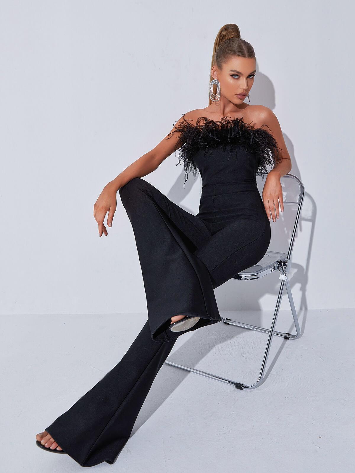 Padma Bandeau Feather Bandage Jumpsuit In Black-Mix MIx Style
