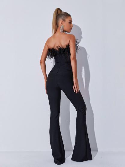 Padma Bandeau Feather Bandage Jumpsuit In Black-Mix MIx Style