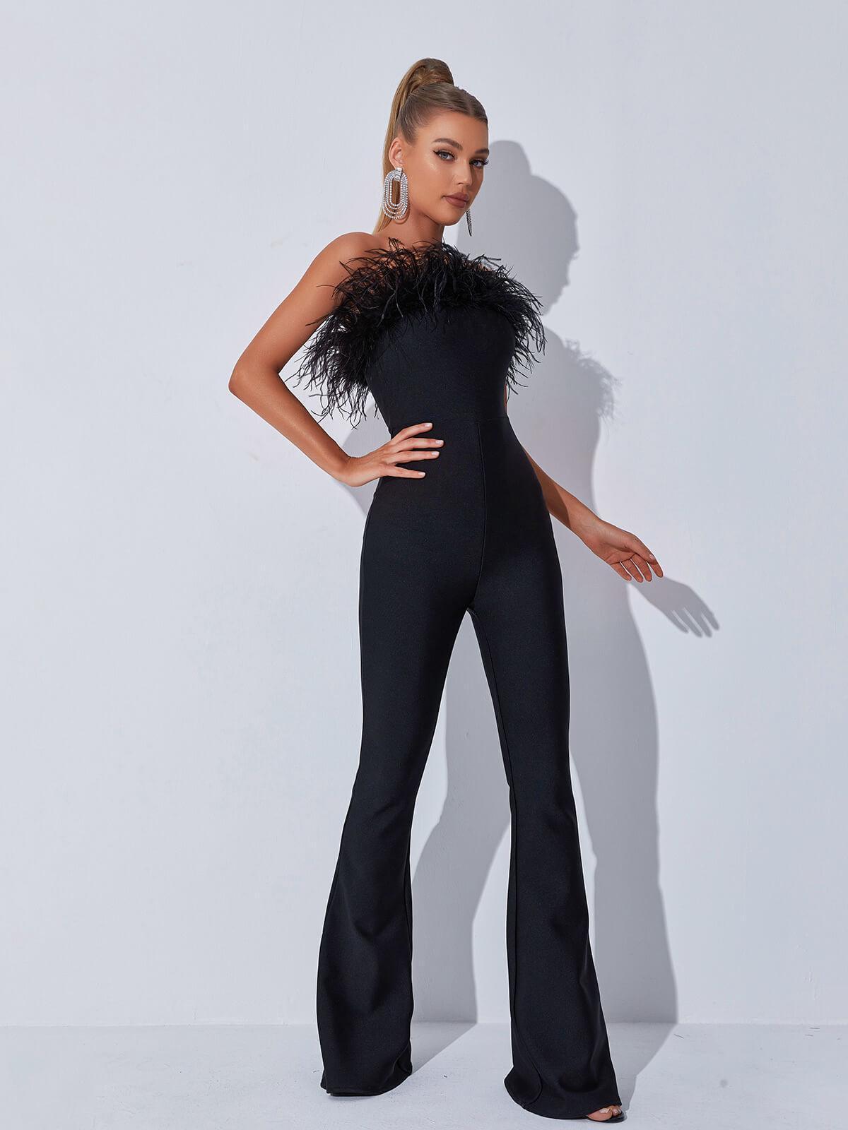 Padma Bandeau Feather Bandage Jumpsuit In Black-Mix MIx Style