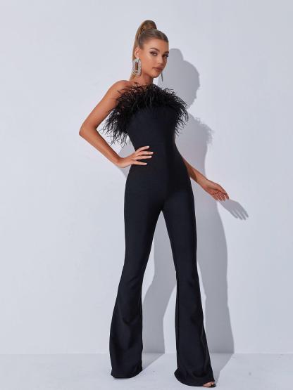Padma Bandeau Feather Bandage Jumpsuit In Black-Mix MIx Style