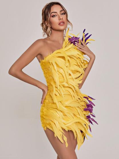 Paislee Asymmetric Feather Mini Dress-Mix MIx Style