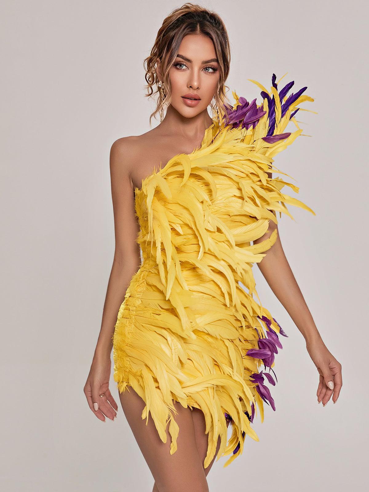 Paislee Asymmetric Feather Mini Dress-Mix MIx Style