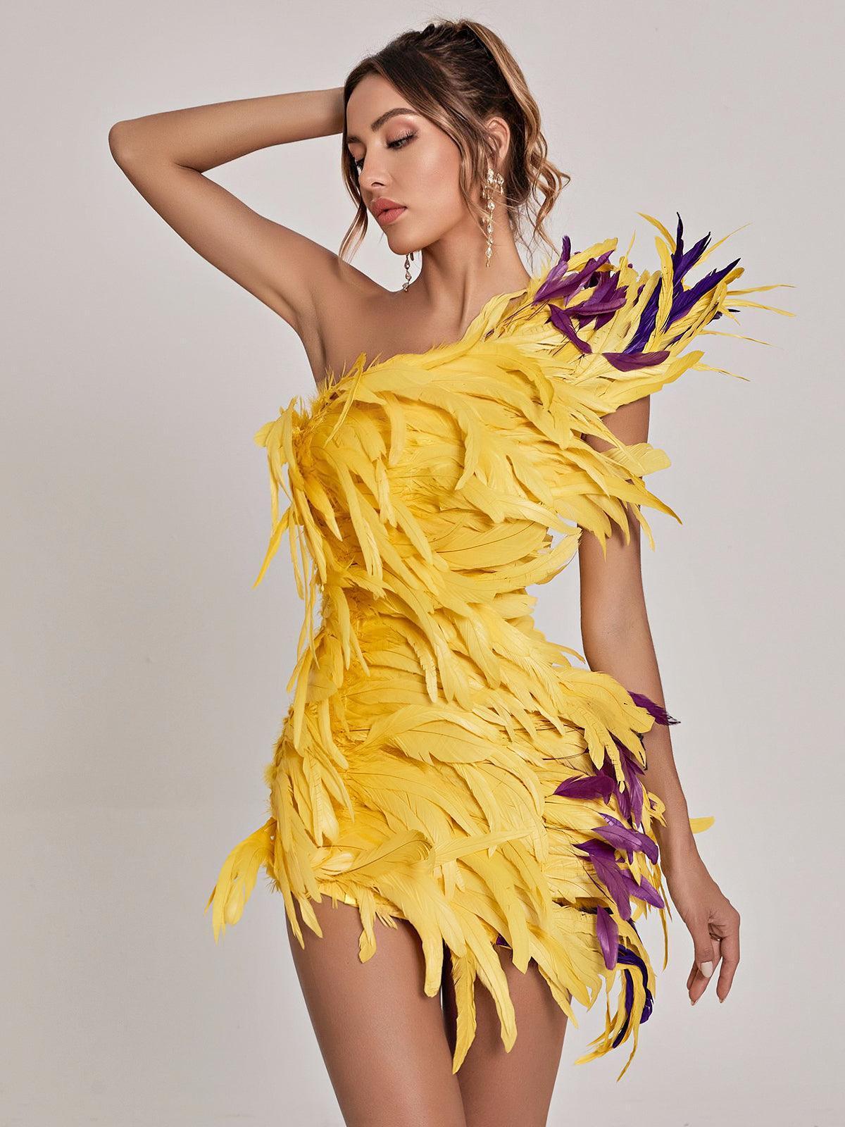 Paislee Asymmetric Feather Mini Dress-Mix MIx Style