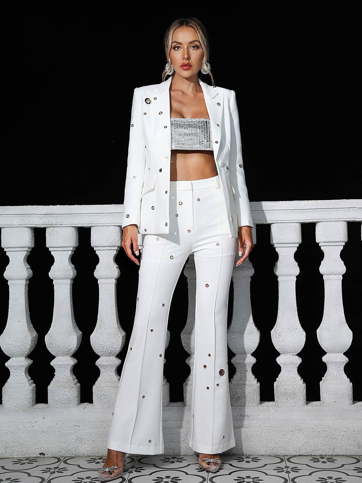White Metal Eyelet Blazer Set | Mix Mix Style [Hot Seller]-Mix MIx Style