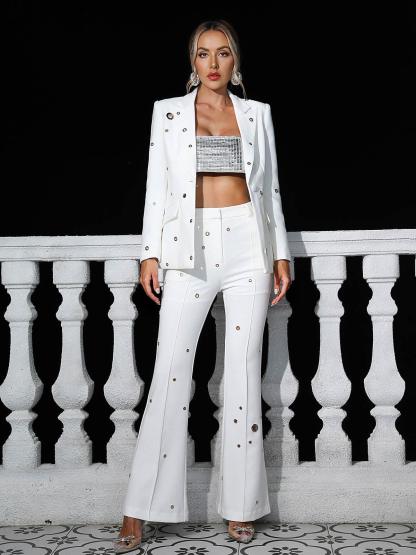 White Metal Eyelet Blazer Set | Mix Mix Style [Hot Seller]-Mix MIx Style