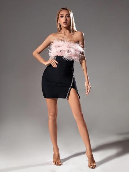 Peach Strapless Feather Mini Dress-Mix MIx Style