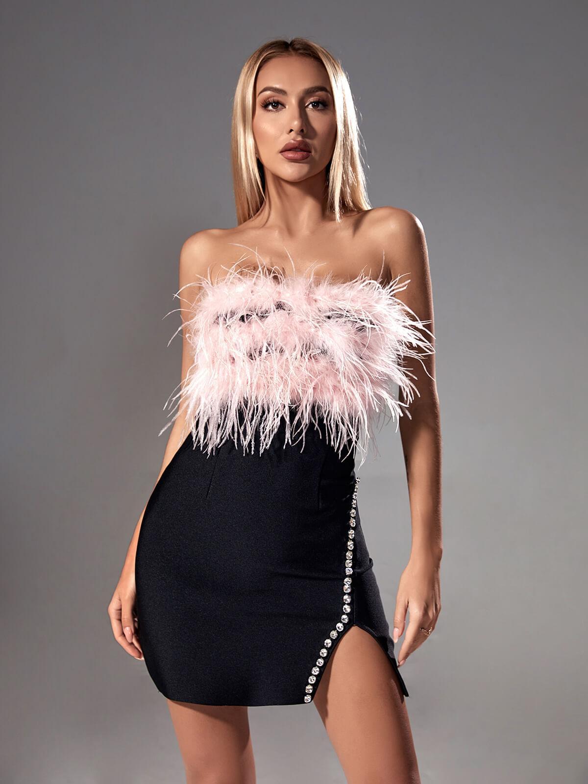 Peach Strapless Feather Mini Dress-Mix MIx Style