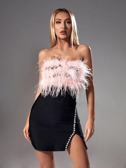 Peach Strapless Feather Mini Dress-Mix MIx Style