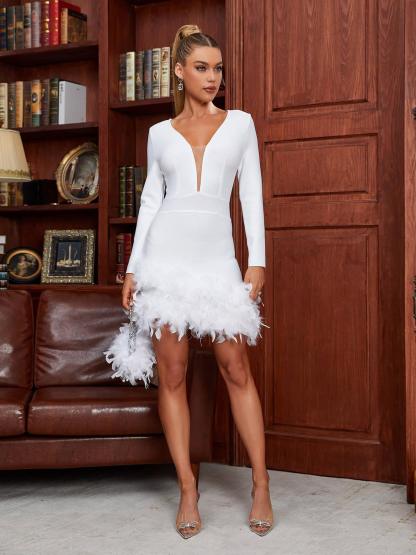 White V Neck Long Sleeve Feather Bandage Dress | Mix Mix Style [Hot Seller]-Mix MIx Style