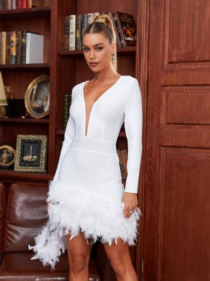 White V Neck Long Sleeve Feather Bandage Dress | Mix Mix Style [Hot Seller]-Mix MIx Style