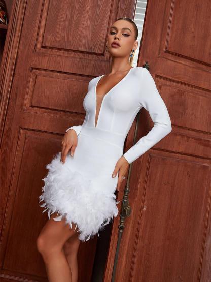White V Neck Long Sleeve Feather Bandage Dress | Mix Mix Style [Hot Seller]-Mix MIx Style