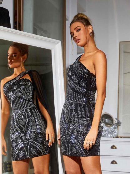 Black One Shoulder Mesh Rhinestone Mini Dress | Mix Mix Style [Hot Seller]-Mix MIx Style