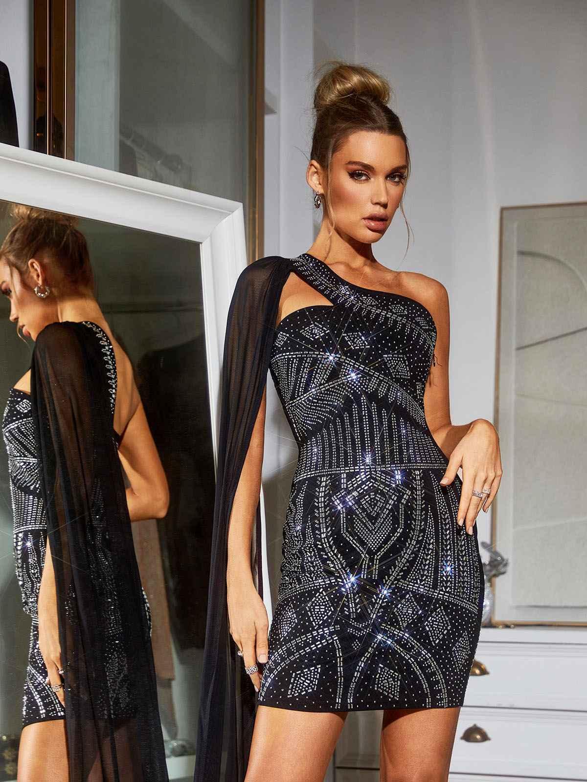 Black One Shoulder Mesh Rhinestone Mini Dress | Mix Mix Style [Hot Seller]-Mix MIx Style