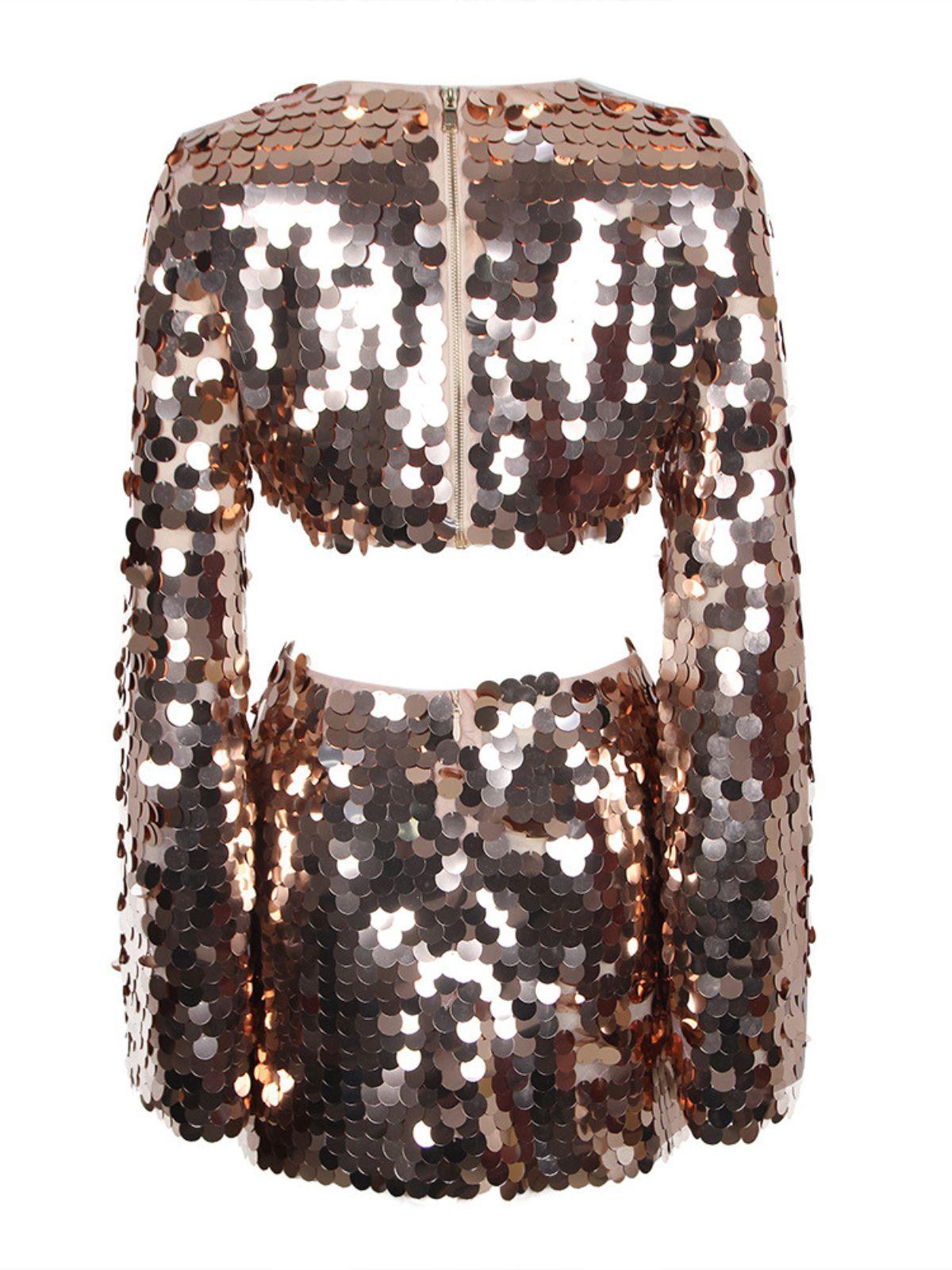 Golden Long Sleeve Sequin Cutout Mini Dress | Mix Mix Style [Hot Seller]-Mix MIx Style