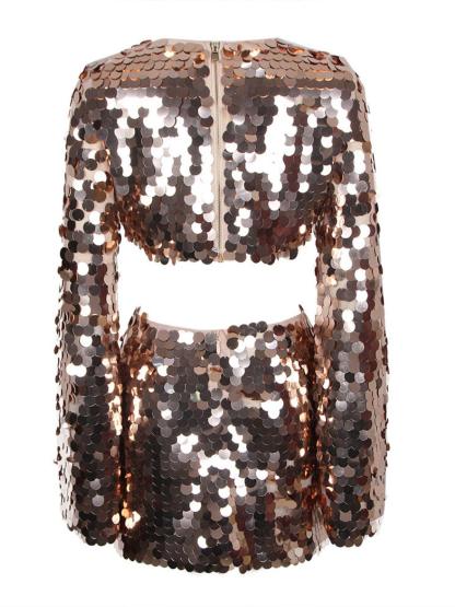 Golden Long Sleeve Sequin Cutout Mini Dress | Mix Mix Style [Hot Seller]-Mix MIx Style