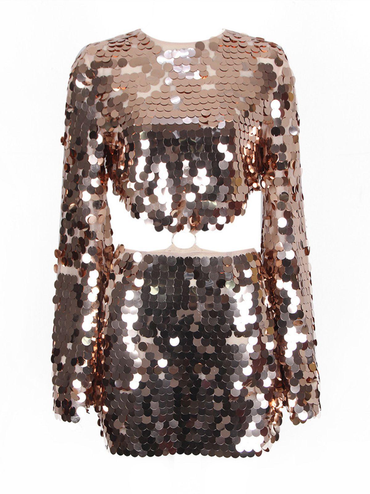 Golden Long Sleeve Sequin Cutout Mini Dress | Mix Mix Style [Hot Seller]-Mix MIx Style