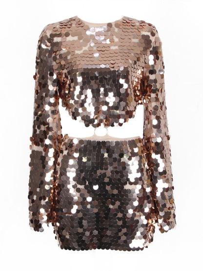 Golden Long Sleeve Sequin Cutout Mini Dress | Mix Mix Style [Hot Seller]-Mix MIx Style