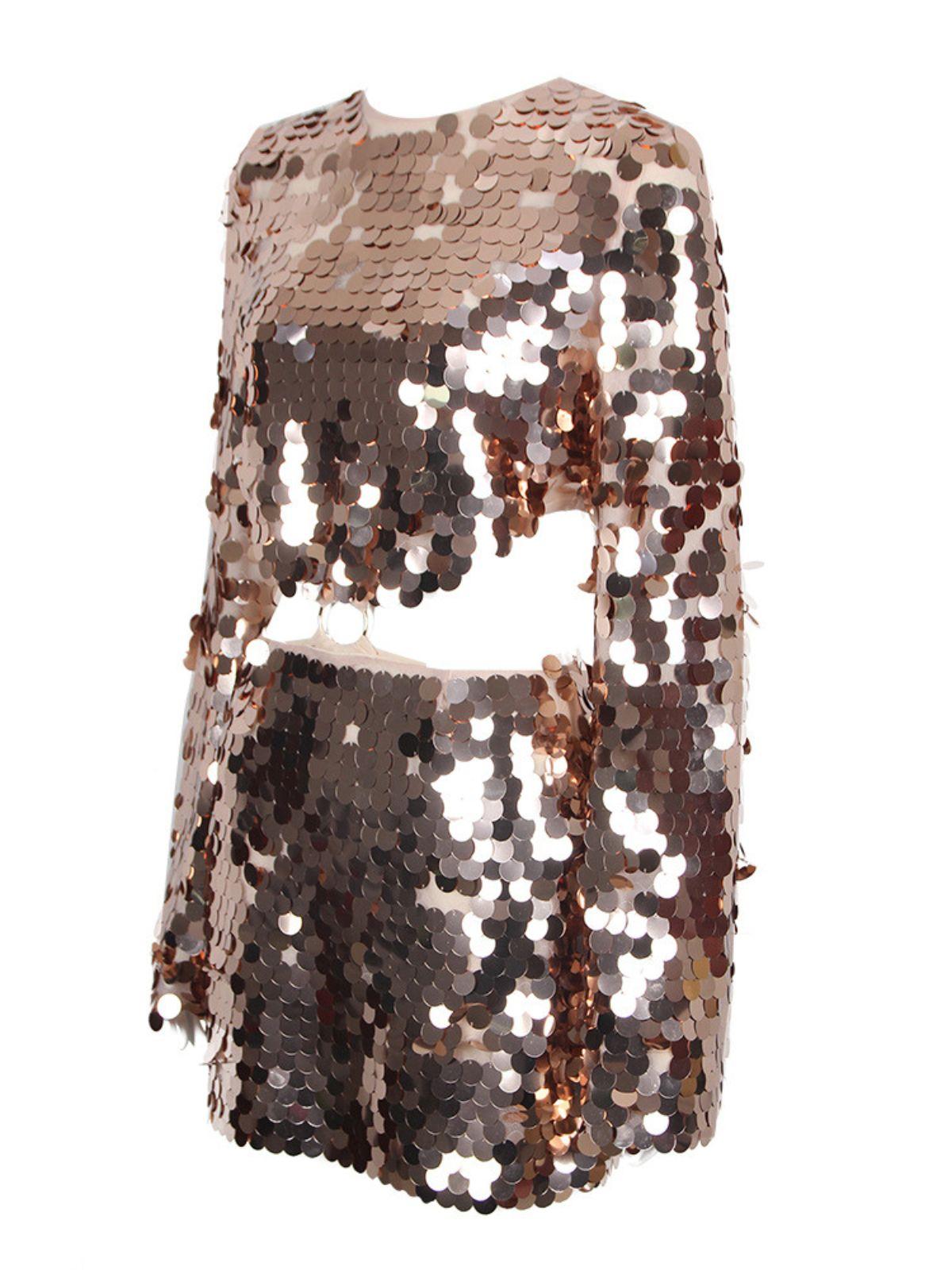 Golden Long Sleeve Sequin Cutout Mini Dress | Mix Mix Style [Hot Seller]-Mix MIx Style