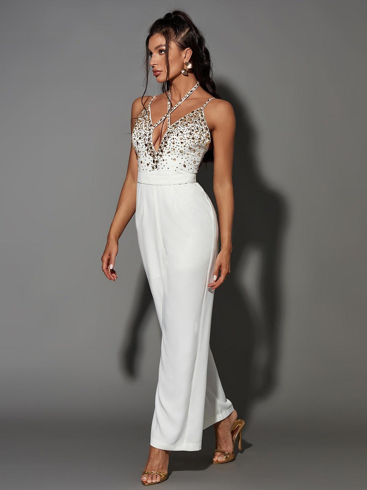 White Plunge Embellished Jumpsuit | Mix Mix Style [Hot Seller]-Mix MIx Style