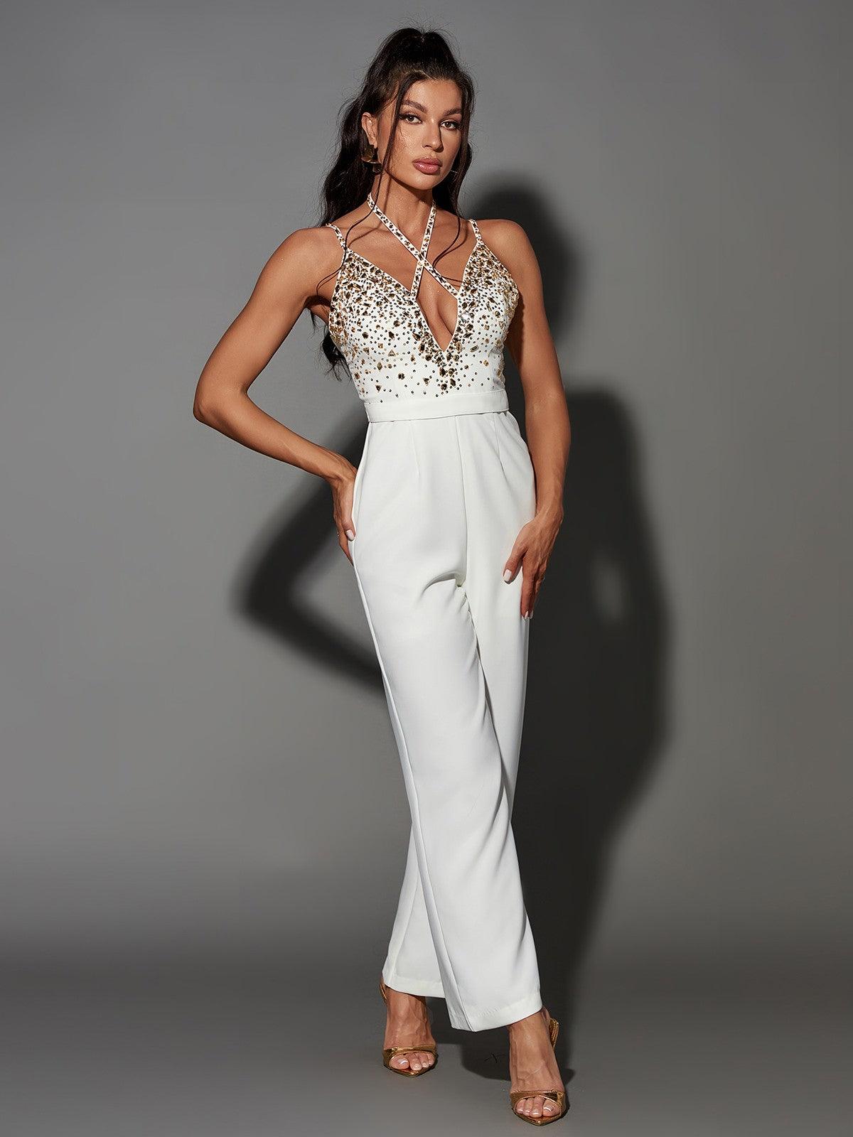 White Plunge Embellished Jumpsuit | Mix Mix Style [Hot Seller]-Mix MIx Style