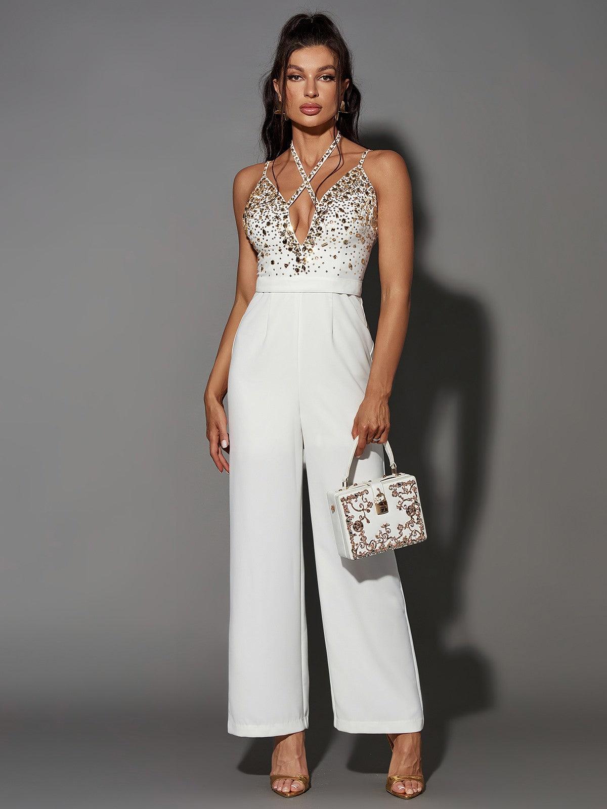 White Plunge Embellished Jumpsuit | Mix Mix Style [Hot Seller]-Mix MIx Style