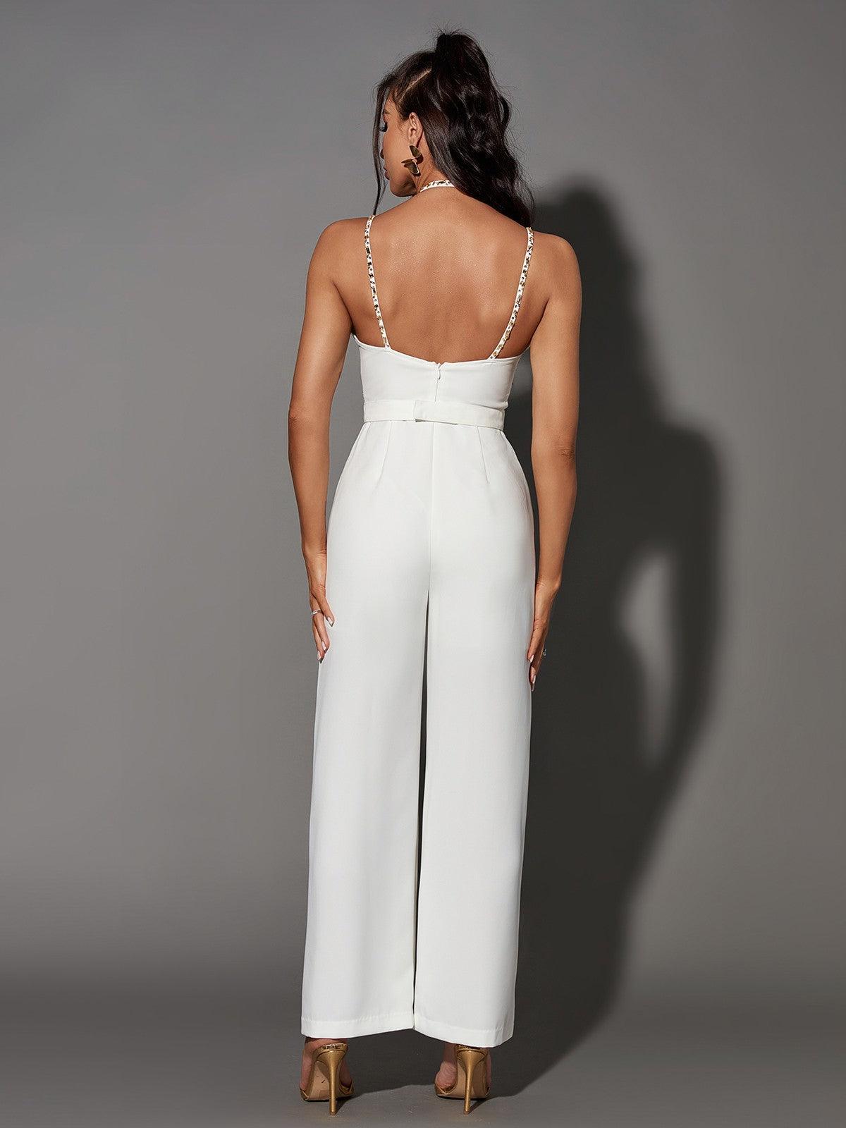 White Plunge Embellished Jumpsuit | Mix Mix Style [Hot Seller]-Mix MIx Style