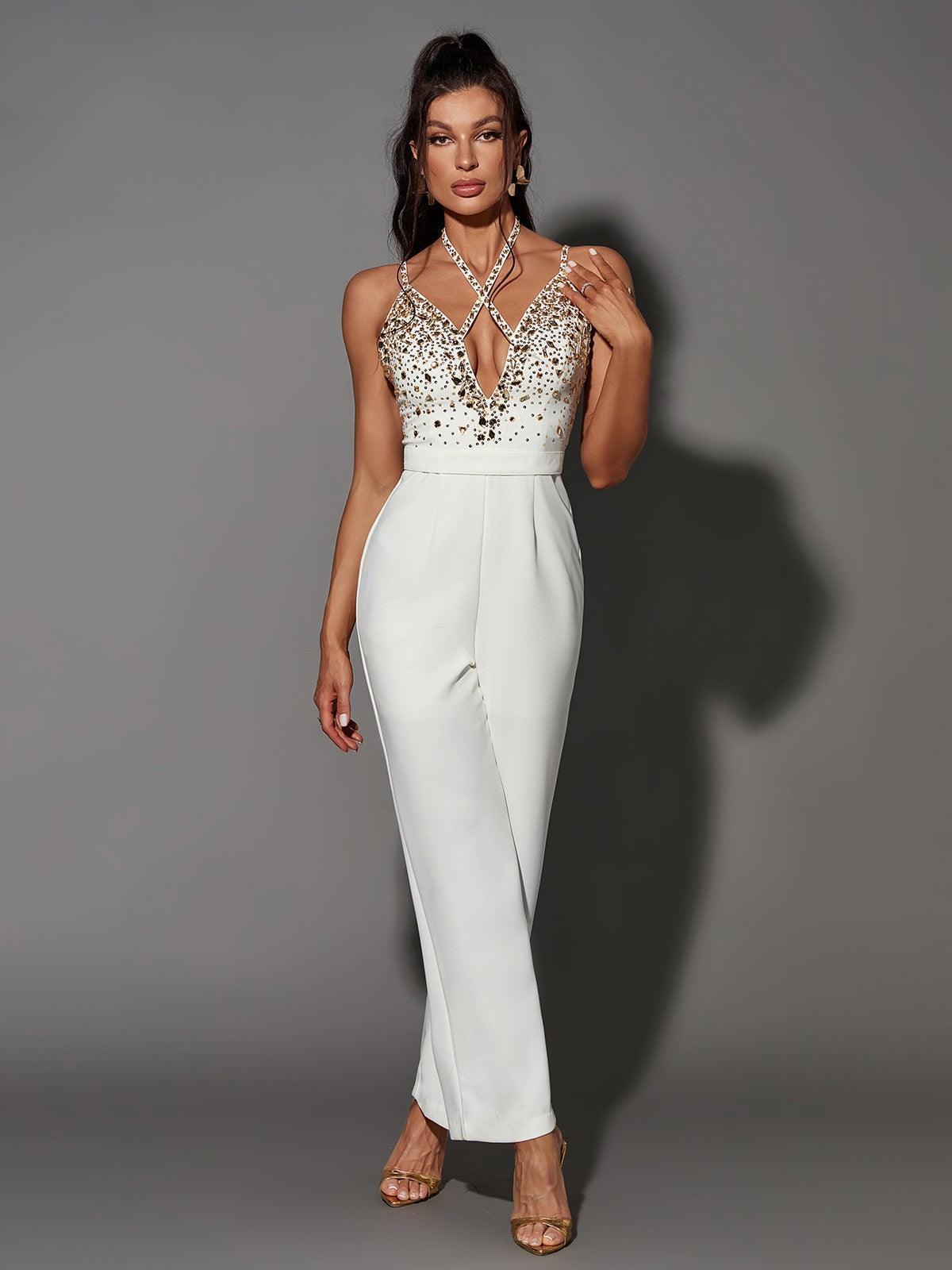 White Plunge Embellished Jumpsuit | Mix Mix Style [Hot Seller]-Mix MIx Style