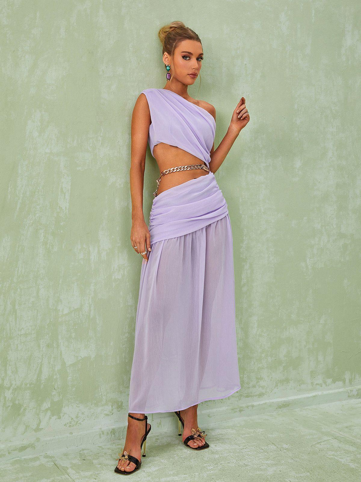 Lavander One Shoulder Chain Maxi Dress | Mix Mix Style [Hot Seller]-Mix MIx Style