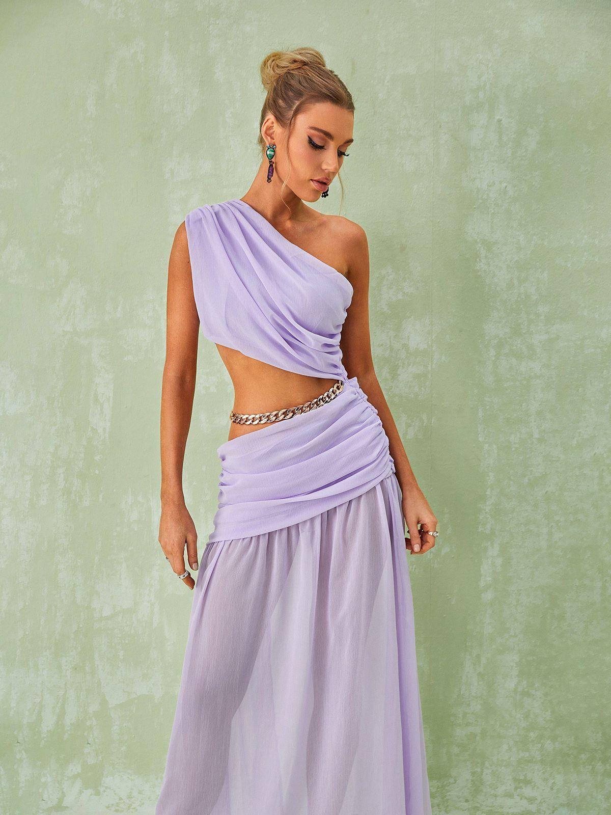 Lavander One Shoulder Chain Maxi Dress | Mix Mix Style [Hot Seller]-Mix MIx Style