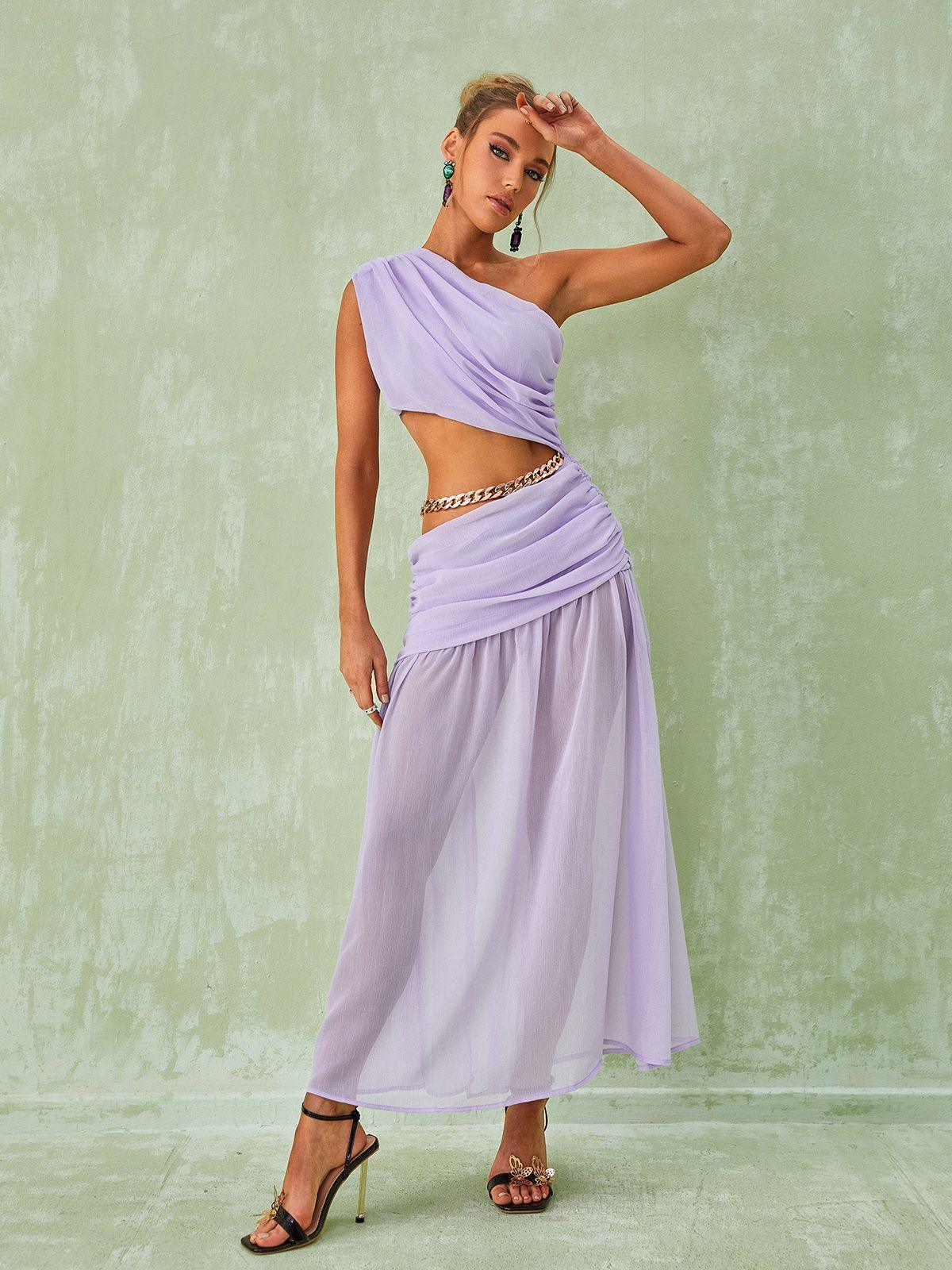 Lavander One Shoulder Chain Maxi Dress | Mix Mix Style [Hot Seller]-Mix MIx Style