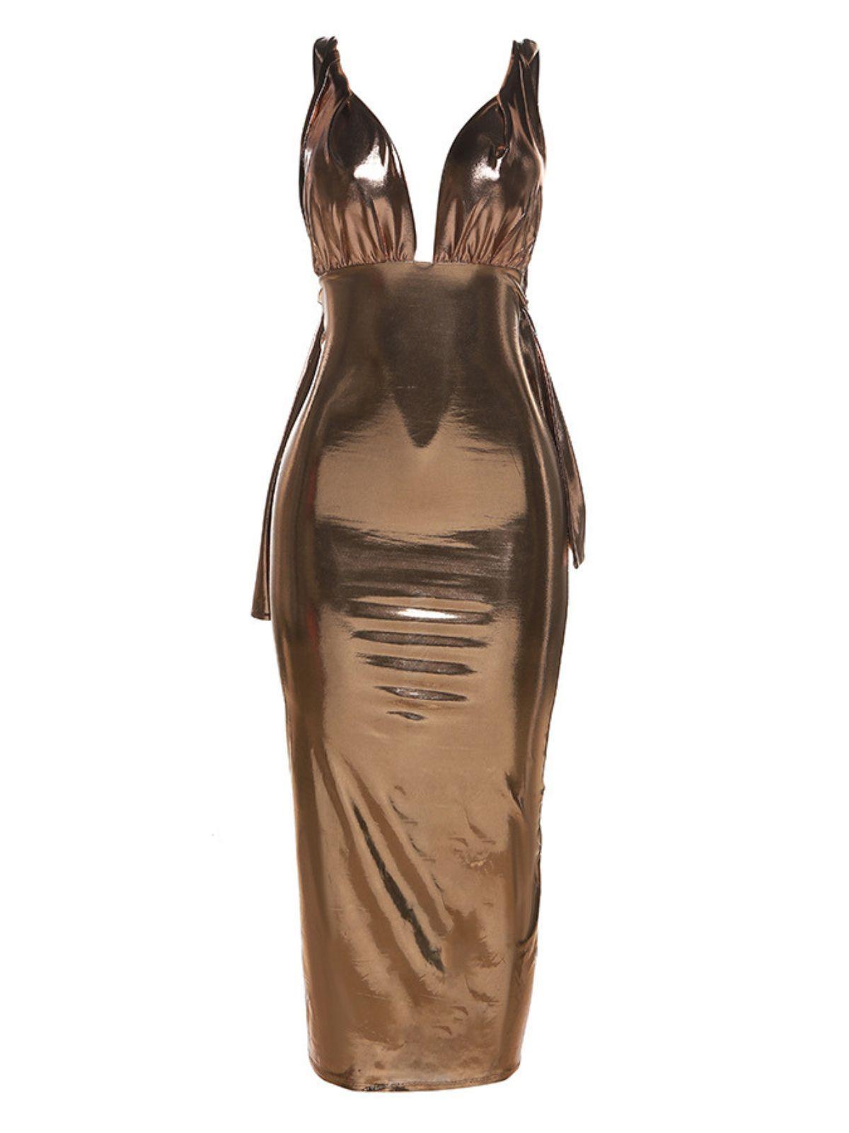 Gold Metallic Backless Midi Dress | Mix Mix Style [Hot Seller]-Mix MIx Style