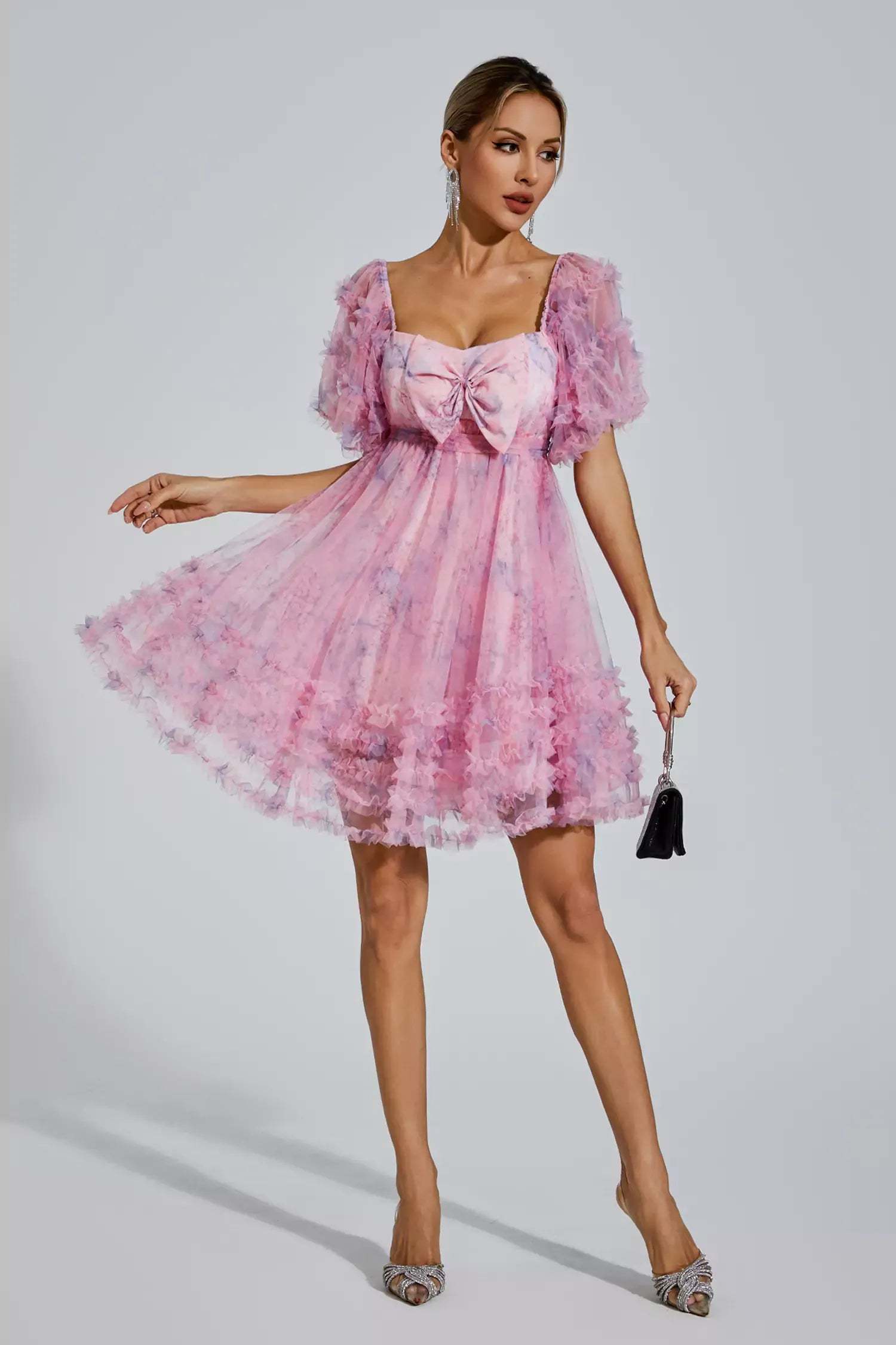 Pink Square neck Puff Sleeve Ruffle pleted Butterfly Bow Summer Birthday Mini Dress | Mix Mix Style