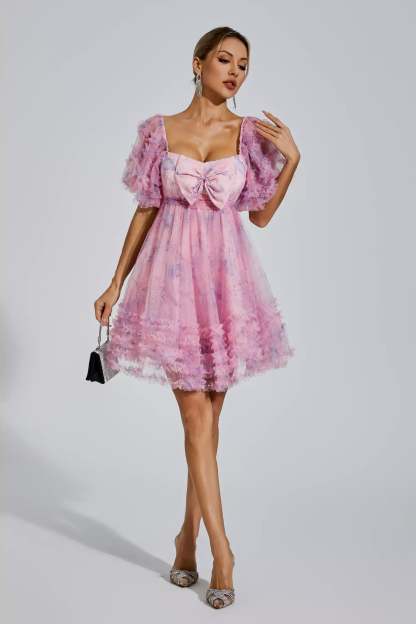 Pink Square neck Puff Sleeve Ruffle pleted Butterfly Bow Summer Birthday Mini Dress | Mix Mix Style